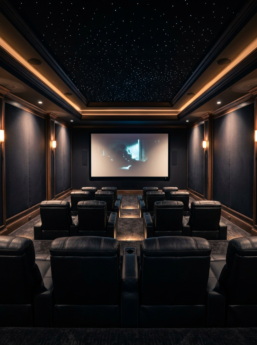 A fully treated private cinema with tiered seating and an acoustically transparent screen