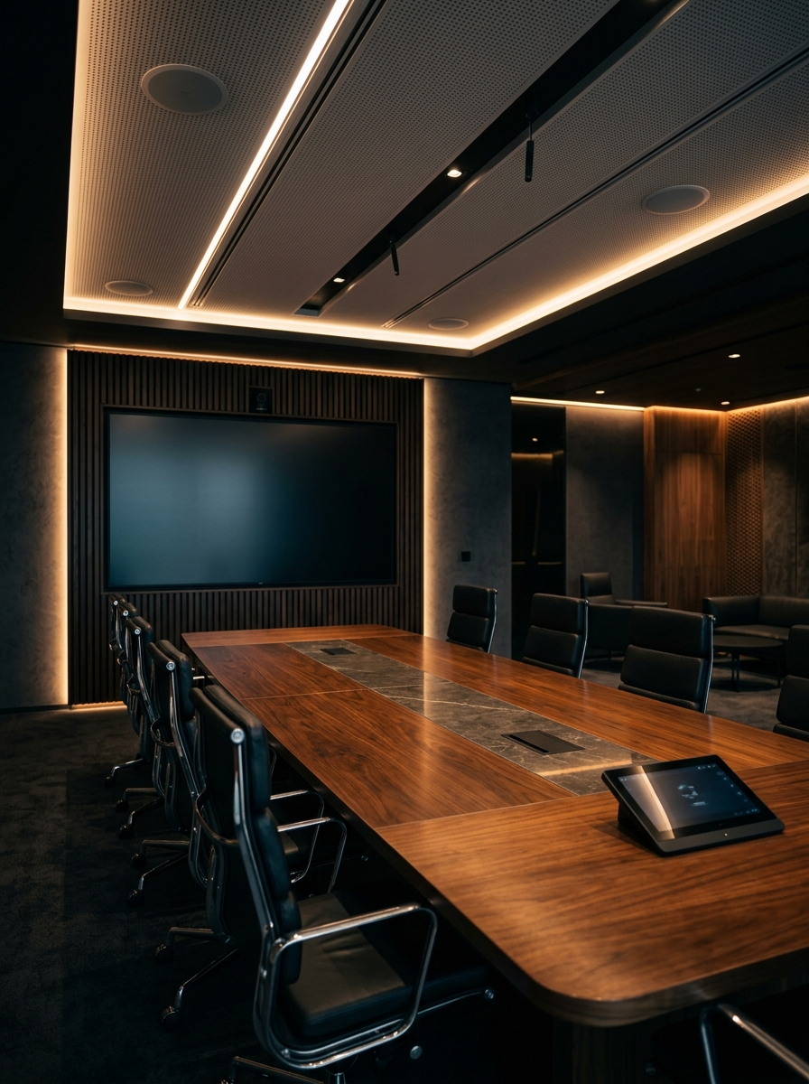 A boardroom configured for conferencing with ceiling microphones and a large display